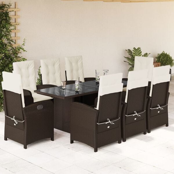 vidaXL Set comedor para jard&iacute;n 9 pzas y cojines rat&aacute;n sint&eacute;tico marr&oacute;n