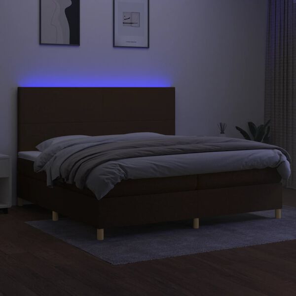 vidaXL Cama box spring colch&oacute;n luces LED tela marr&oacute;n oscuro 200x200 cm