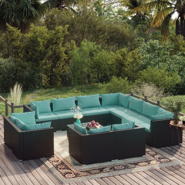 vidaXL Set de muebles de jard&iacute;n 12 pzas cojines rat&aacute;n sint&eacute;tico negro