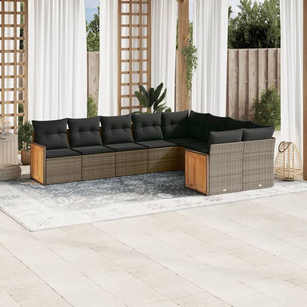 vidaXL Set de muebles de jard&iacute;n 9 pzas y cojines rat&aacute;n sint&eacute;tico gris
