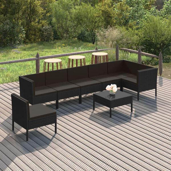 vidaXL Set de muebles de jard&iacute;n 8 pzas y cojines rat&aacute;n sint&eacute;tico negro