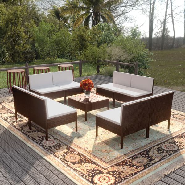 vidaXL Set muebles de jard&iacute;n 9 piezas y cojines rat&aacute;n sint&eacute;tico marr&oacute;n