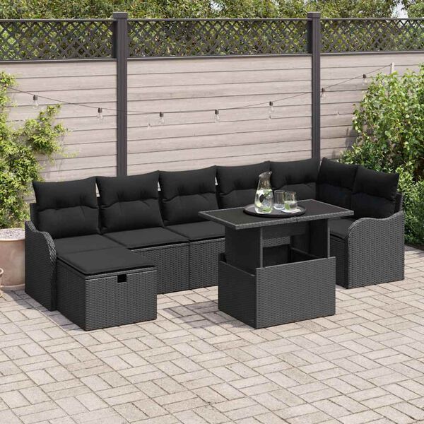 vidaXL Conjunto de sof&aacute; de jard&iacute;n con coj&iacute;n 8 pcs Negro Polirat&aacute;n