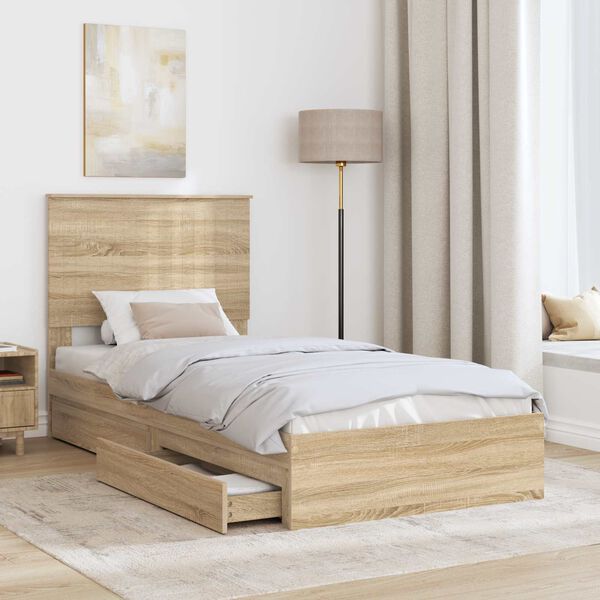 vidaXL Cama con almacenamiento con cabecera Roble Sonoma 90 x 190 cm