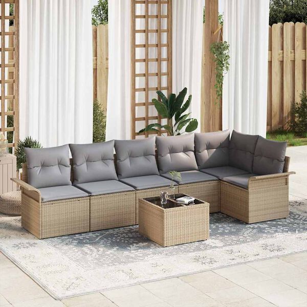 vidaXL Conjunto de sof&aacute; de jard&iacute;n 7 pcs Beige rat&aacute;n sint&eacute;tico