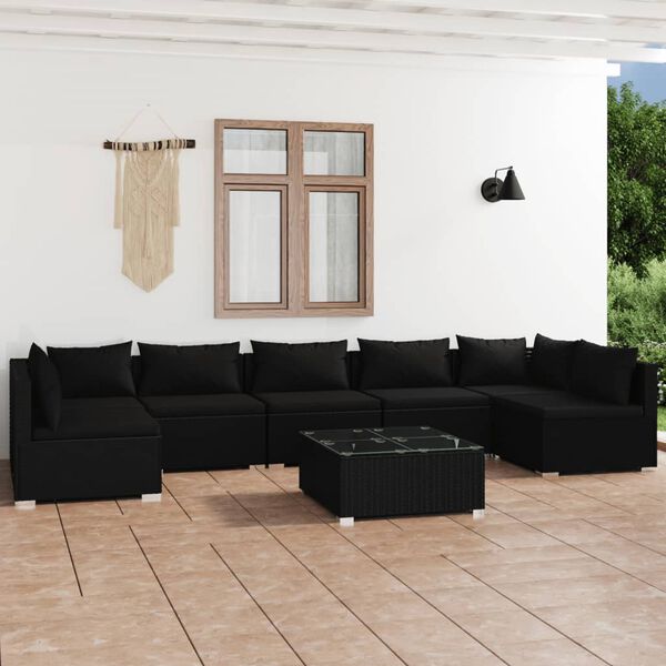 vidaXL Set de muebles de jard&iacute;n 8 pzas y cojines rat&aacute;n sint&eacute;tico negro