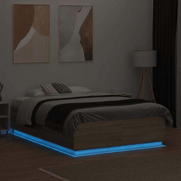 vidaXL Estructura cama con luces LED madera roble Sonoma 135x190 cm