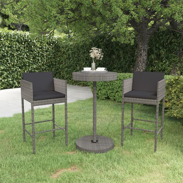 vidaXL Set muebles bar jardín 3 piezas y cojines ratán sintético gris