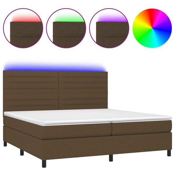 vidaXL Cama box spring colch&oacute;n luces LED tela marr&oacute;n oscuro 200x200 cm