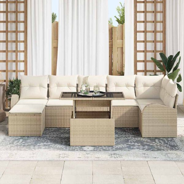 vidaXL Conjunto de sof&aacute; de jard&iacute;n 8 pcs Beige y Crema rat&aacute;n sint&eacute;tico