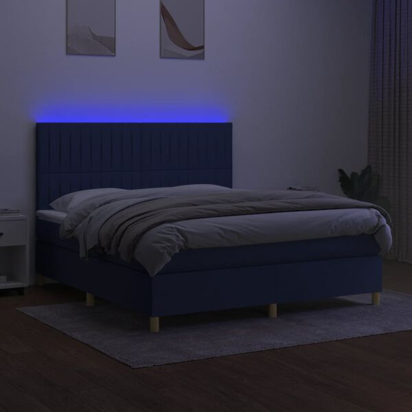 vidaXL Cama box spring colch&oacute;n y luces LED tela azul 180x200 cm