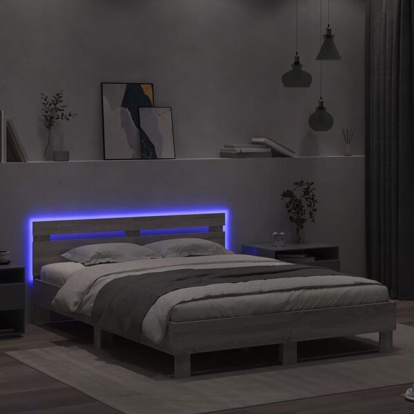 vidaXL Estructura de cama cabecero y luces LED gris Sonoma 150x200 cm