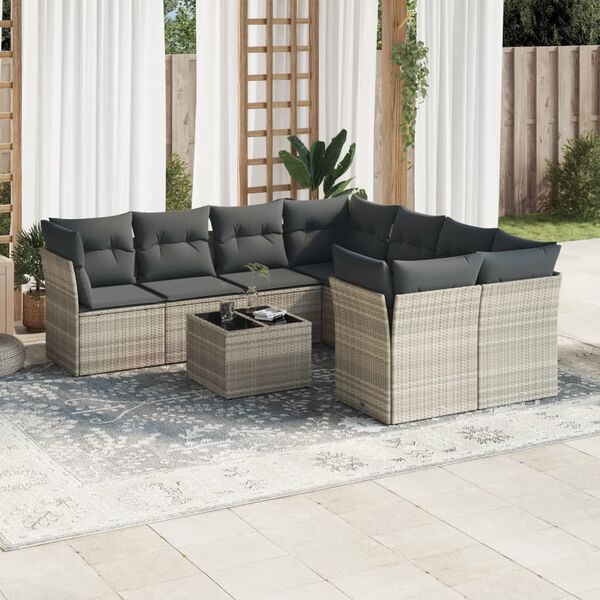 vidaXL Set muebles jard&iacute;n 9 pzas y cojines rat&aacute;n sint&eacute;tico gris claro