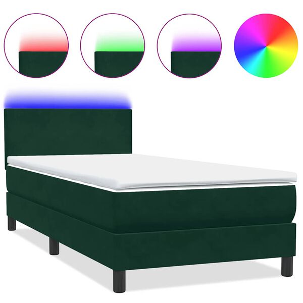 vidaXL Cama box spring con colch&oacute;n y LED terciopelo verde oscuro 90x210 cm