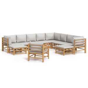 vidaXL Set de muebles de jard&iacute;n 12 piezas bamb&uacute; y cojines gris claro
