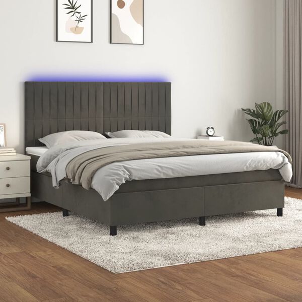 vidaXL Cama box spring colch&oacute;n y LED terciopelo gris oscuro 160x200 cm
