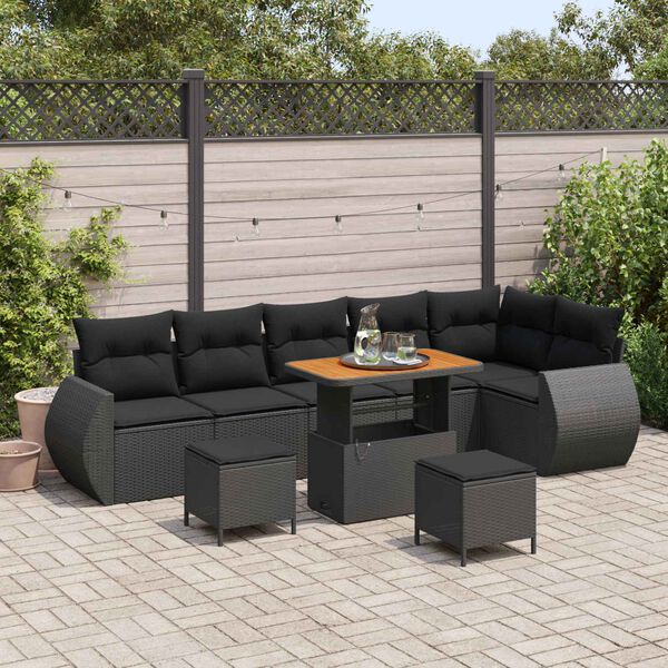 vidaXL Conjunto de sof&aacute; de jard&iacute;n 9 pcs Negro Rattan de Poli&eacute;ster