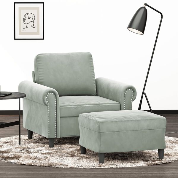 vidaXL Sillón con taburete terciopelo gris claro 60 cm