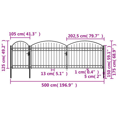 vidaXL Puerta de valla jardín con arco superior acero negro 1,75x5 m