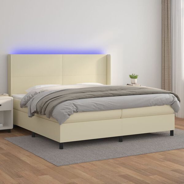 vidaXL Cama box spring colch&oacute;n y LED cuero sint&eacute;tico crema 200x200 cm