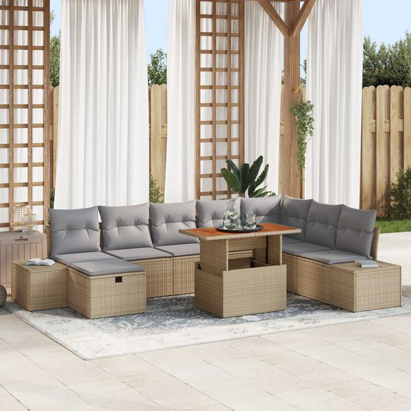 vidaXL Conjunto de sof&aacute; de jard&iacute;n con coj&iacute;n 9 pcs Beige Polirat&aacute;n