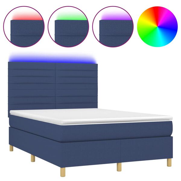vidaXL Cama box spring colch&oacute;n y luces LED tela azul 140x190 cm