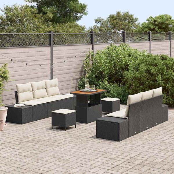 vidaXL Conjunto de sofá de jardín con cojín 9 pcs Negro Poliratán