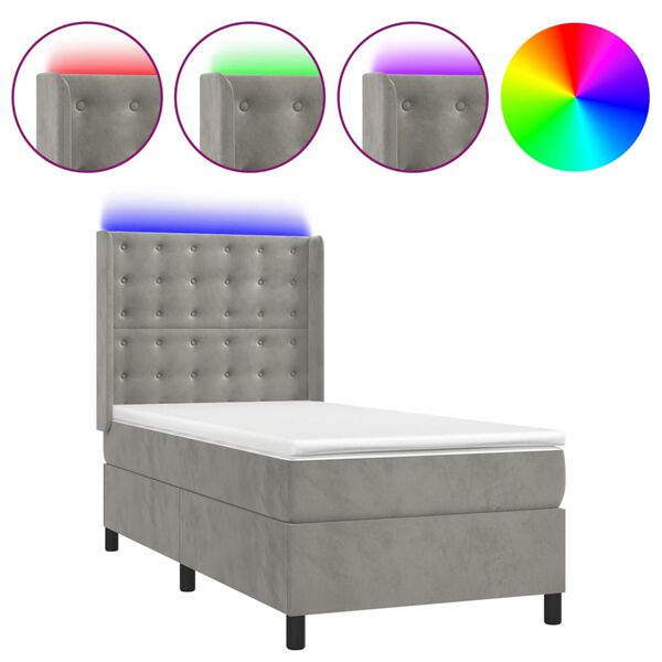 vidaXL Cama box spring colch&oacute;n y LED terciopelo gris claro 80x200 cm