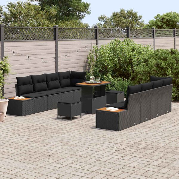 vidaXL Conjunto de sof&aacute;s de jard&iacute;n con coj&iacute;n 11 pcs Negro Polirat&aacute;n