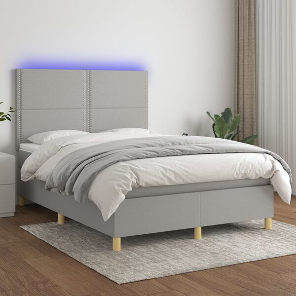 vidaXL Cama box spring colch&oacute;n y luces LED tela gris claro 140x200 cm