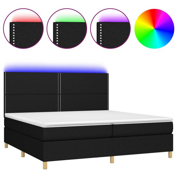 vidaXL Cama box spring colch&oacute;n y luces LED tela negro 200x200 cm