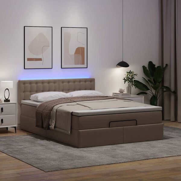 vidaXL Cama otomana colchón y LED cuero sintético capuchino 140x190cm