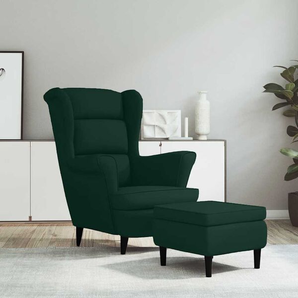 vidaXL Sill&oacute;n orejero y taburete de terciopelo verde oscuro