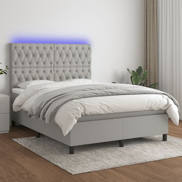 vidaXL Cama box spring colch&oacute;n y luces LED tela gris claro 140x190 cm