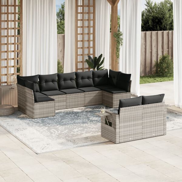 vidaXL Set muebles jard&iacute;n 9 pzas y cojines rat&aacute;n sint&eacute;tico gris claro