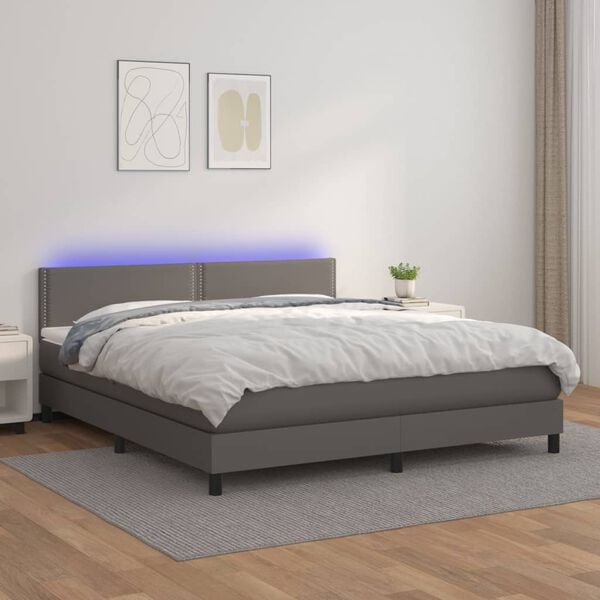 vidaXL Cama box spring colch&oacute;n y LED cuero sint&eacute;tico gris 160x200 cm