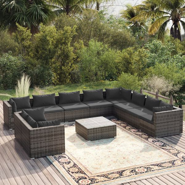 vidaXL Set de muebles de jard&iacute;n 11 pzas y cojines rat&aacute;n sint&eacute;tico gris