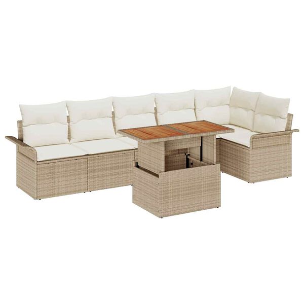 vidaXL Conjunto de sof&aacute; de jard&iacute;n 7 pcs Beige Polirat&aacute;n