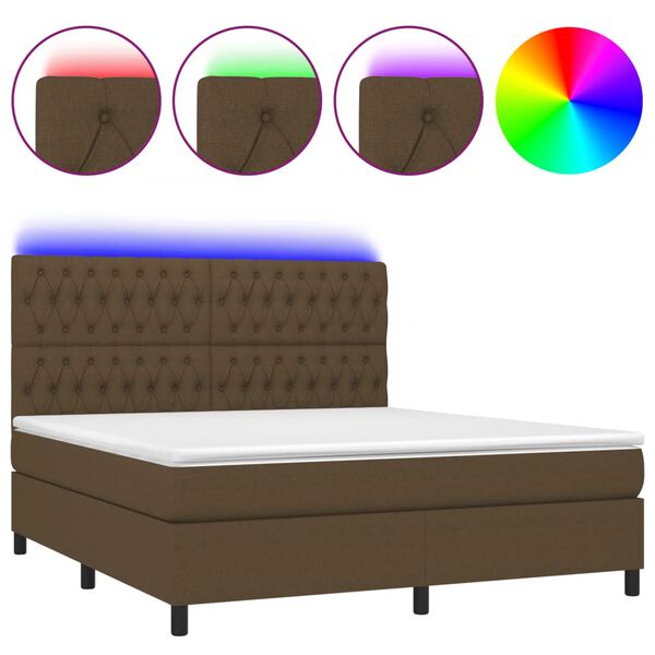 vidaXL Cama box spring colch&oacute;n luces LED tela marr&oacute;n oscuro 160x200cm