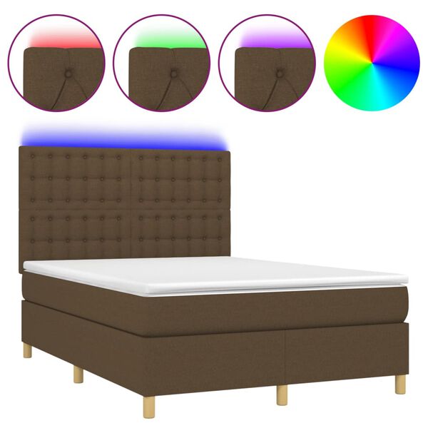 vidaXL Cama box spring colch&oacute;n luces LED tela marr&oacute;n oscuro 140x190 cm