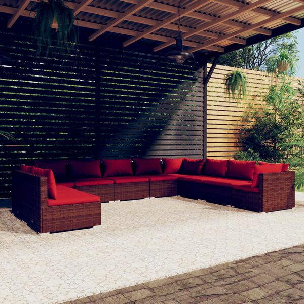 vidaXL Set muebles de jard&iacute;n 10 pzas y cojines rat&aacute;n sint&eacute;tico marr&oacute;n