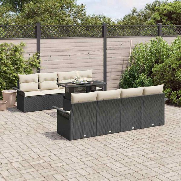 vidaXL Conjunto de sof&aacute; de jard&iacute;n con coj&iacute;n 9 pcs Negro Polirat&aacute;n