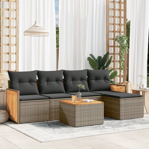 vidaXL Set de muebles de jard&iacute;n 6 pzas y cojines rat&aacute;n sint&eacute;tico gris
