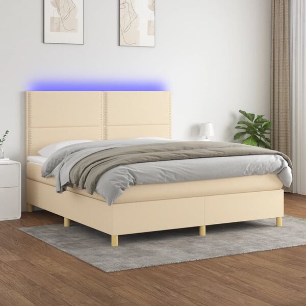 vidaXL Cama box spring colch&oacute;n y luces LED tela crema 160x200 cm