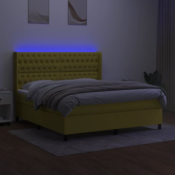 vidaXL Cama box spring colch&oacute;n y luces LED tela verde 160x200 cm