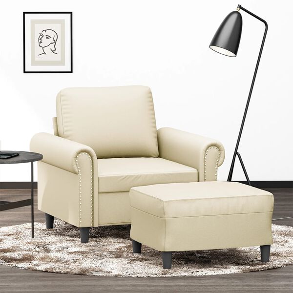vidaXL Sillón con taburete cuero sintético color crema 60 cm