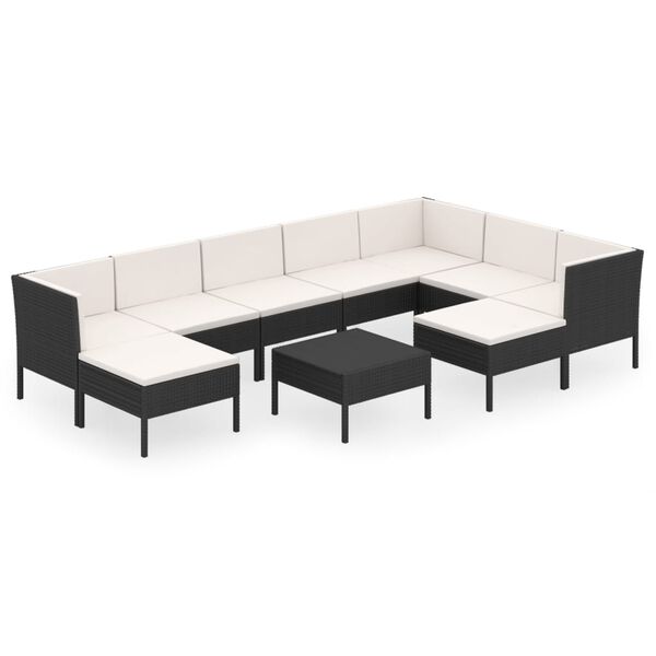 vidaXL Set de muebles de jard&iacute;n 10 pzas cojines rat&aacute;n sint&eacute;tico negro