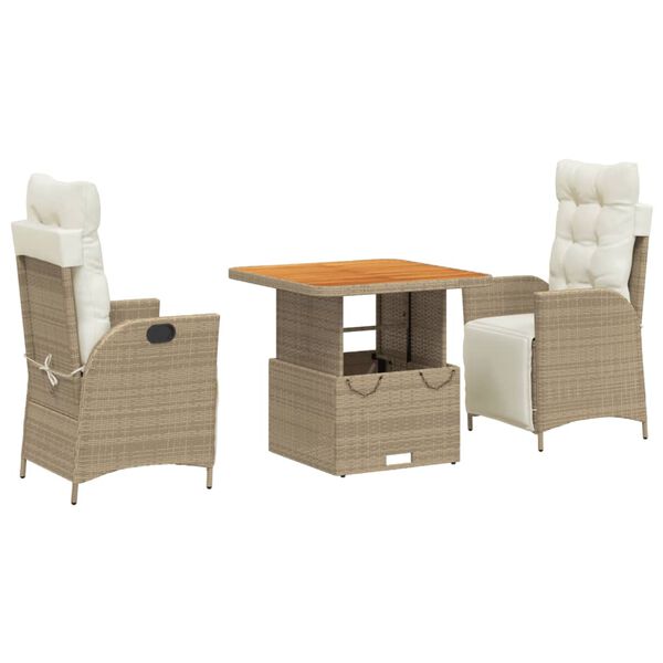 vidaXL Set comedor de jard&iacute;n 3 pzas con cojines rat&aacute;n sint&eacute;tico beige