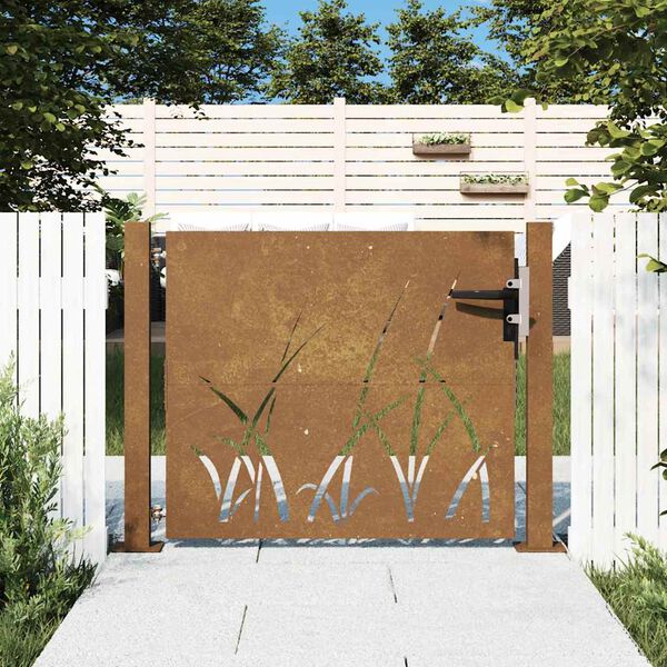 vidaXL Puerta de jardín 100x75 cm de acero corten con diseño de hierba
