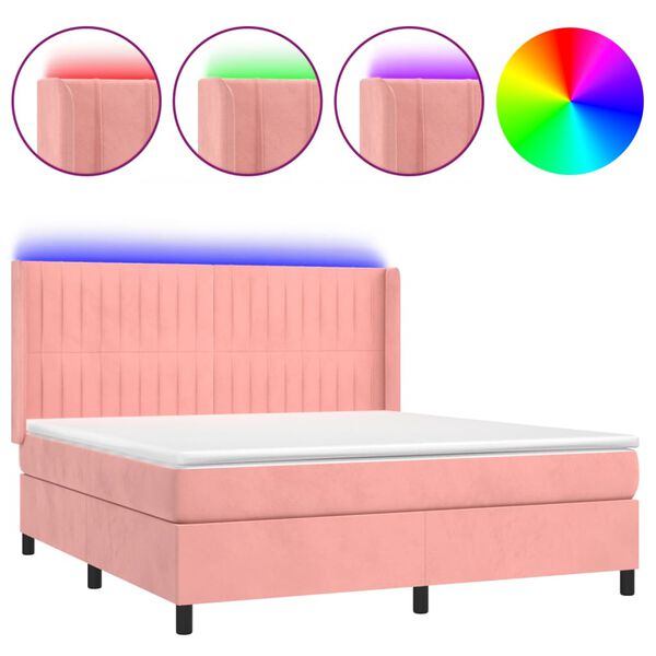 vidaXL Cama box spring colch&oacute;n y LED terciopelo rosa 160x200 cm